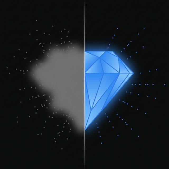 Split comparison: left side shows a vague, blurry cloud; right side shows a crystal-clear diamond โ illustrating the difference between vague and specific prompts