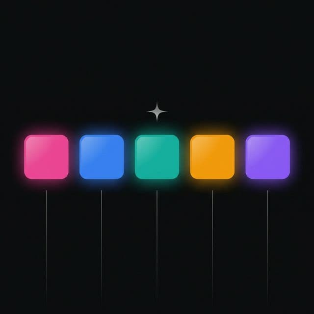 Five glowing color swatches in pink, blue, teal, orange, and purple โ representing a cohesive app color palette